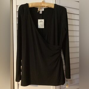 Talbots Petites Elegant Black Long Sleeve Draped Top size 12P NWT